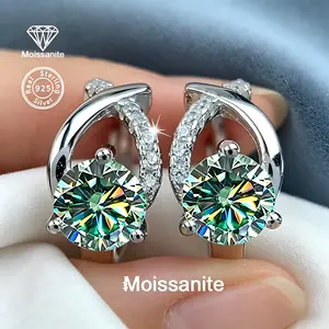 925 Sterling Silver Green Moissanite Earrings, 1 Carat Round Cut Green Moissanite Huggie Hoop Earrings, Sparkling Halo Design Earrings, Ideal Gift for Her, Wife, Girlfriend