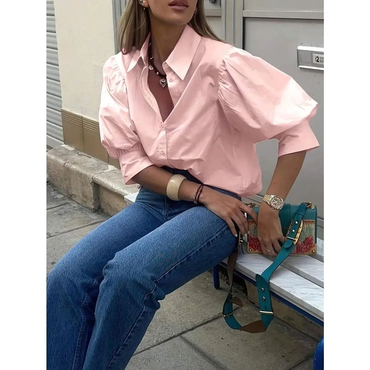 Women's Puff Sleeve Button Down Blouse Casual Vintage Shirt for Daily Work and Business Formal Wear