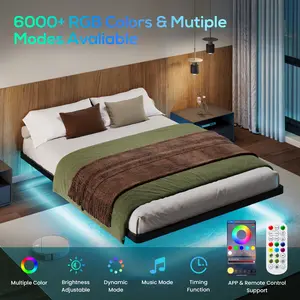 MUTICOR Floating LED Iron Bed Frame with Metal Slats【No Mattress】Headboard Outlets and Multi-Color Lighting, No Box Spring Needed, Twin/Full/Queen/King