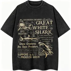 Great White Shark Apex Predator Vintage Washed Oversized T-Shirt Ocean Conservation Graphic Tee Casual Streetwear For Men Women
