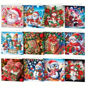 12 handmade DIY 5D greeting cards  Christmas cards with patterns of Santa Claus  snowman  penguin  and Christmas socks  folded card envelopes  handwritten to express love  send warm wishes to friends and family  diamond painting sets of greeting cards