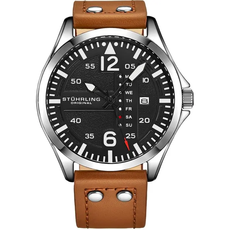 Stuhrling Men's Steel Riveted Tan Leather Strap Japan Quartz Aviation Watch