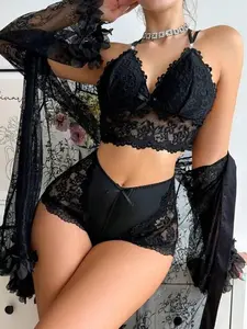 Women's 3-Piece Feminine Lady Comfortable Underwear Set - Halter Neck Black Lace Bra, Long Sleeves Top, Ruffled Panties