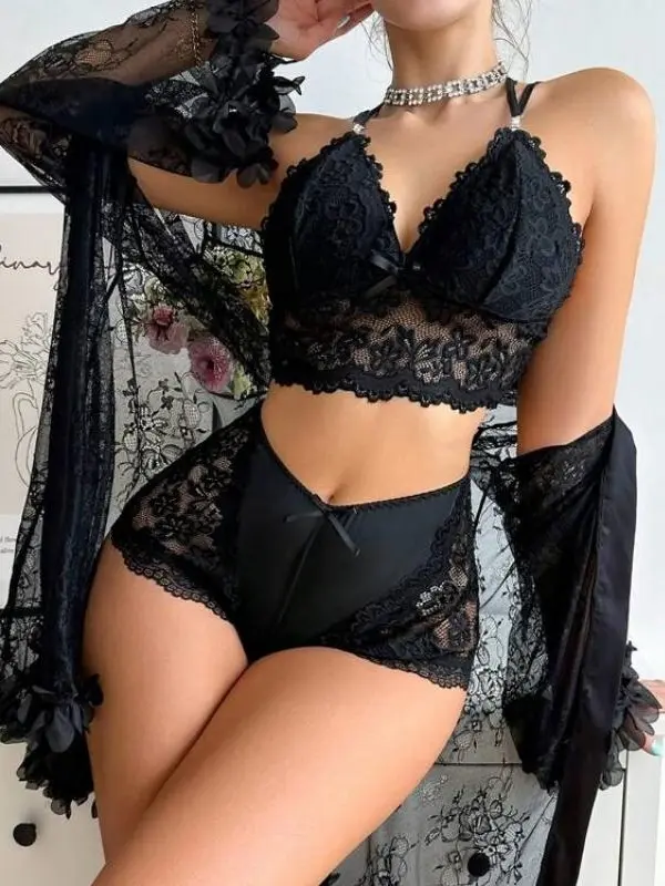 Women's 3-Piece Feminine Lady Comfortable Underwear Set - Halter Neck Black Lace Bra, Long Sleeves Top, Ruffled Panties