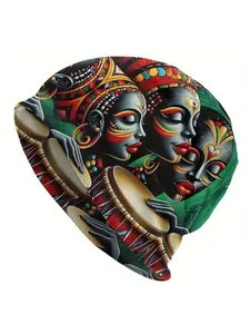 Biihudu African-Inspired Unisex Beanie Hat - Vibrant Drummers Design, Lightweight Warm Cap for Men & Women, Fashionable Cultu