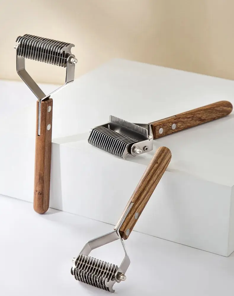 Double Sided Pet Grooming Brush - Efficient Shedding and Dematting Tool with Slicker Brush, Stainless Steel Pins, and Dematting Comb - Ergonomic Wooden Handle for Comfortable Grip