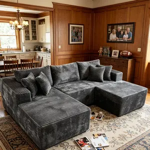 108" Modular Sectional Sofa Cloud Couch with Ottoman Corduroy Memory Foam L-Shaped Couch for Living Room Modern Deep Seat Boneless Fluffy Plush Chaise Lounge Free Combination Aesthetic Modern Home