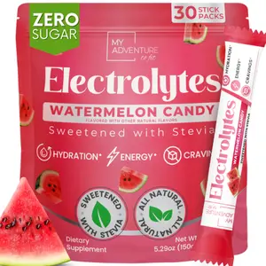 Watermelon Candy Electrolytes Powder 30 Stick Pack - Zero Sugar - No Artificial Flavors, Colors or Sweeteners - 2-8X More Potassium - No Salty Taste - Refreshing Hydration - Caffeine Free Energy