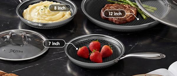 XBM Hybrid Nonstick Frying Pan with Tempered Glass Lid, Tri-Ply Stainless Steel Honeycomb Skillet, Healthy PTFE/PFOA Free Ceramic Coating, Stay-Cool Handle, Induction Ready & Oven Safe