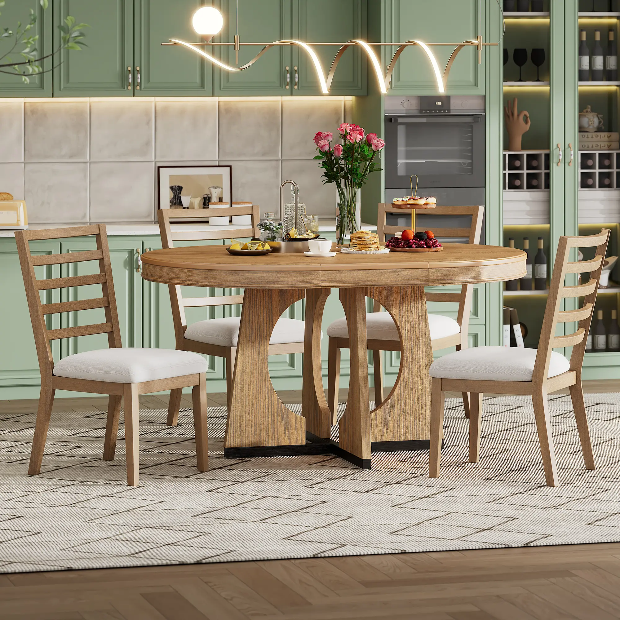 5 Piece Round Dining Table Set for 4 with Extendable Leaf, Retro Solid Wood+MDF Kitchen Table and Chairs Set, Natural Color, 42-58 Inch Adjustable Tabletop, Geometric Base, Dining Room Furniture Set, Natural Color Options, Solid Wood+MDF Materia