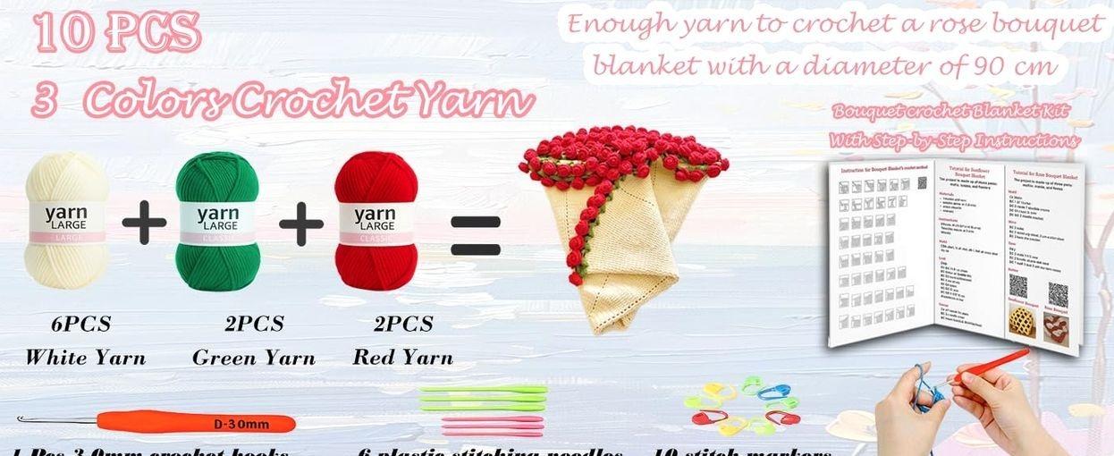 Rose Crochet Blanket Kit for Beginner,Crochet Flower Bouquet Blanket Kit with Enough Yarn&Tutorial,Crochet Blanket Kit for Adults