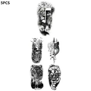 5PCS Waterproof Temporary Tattoos Praying Cross Lion Tiger Wolf Wild Design for Men Women Arm