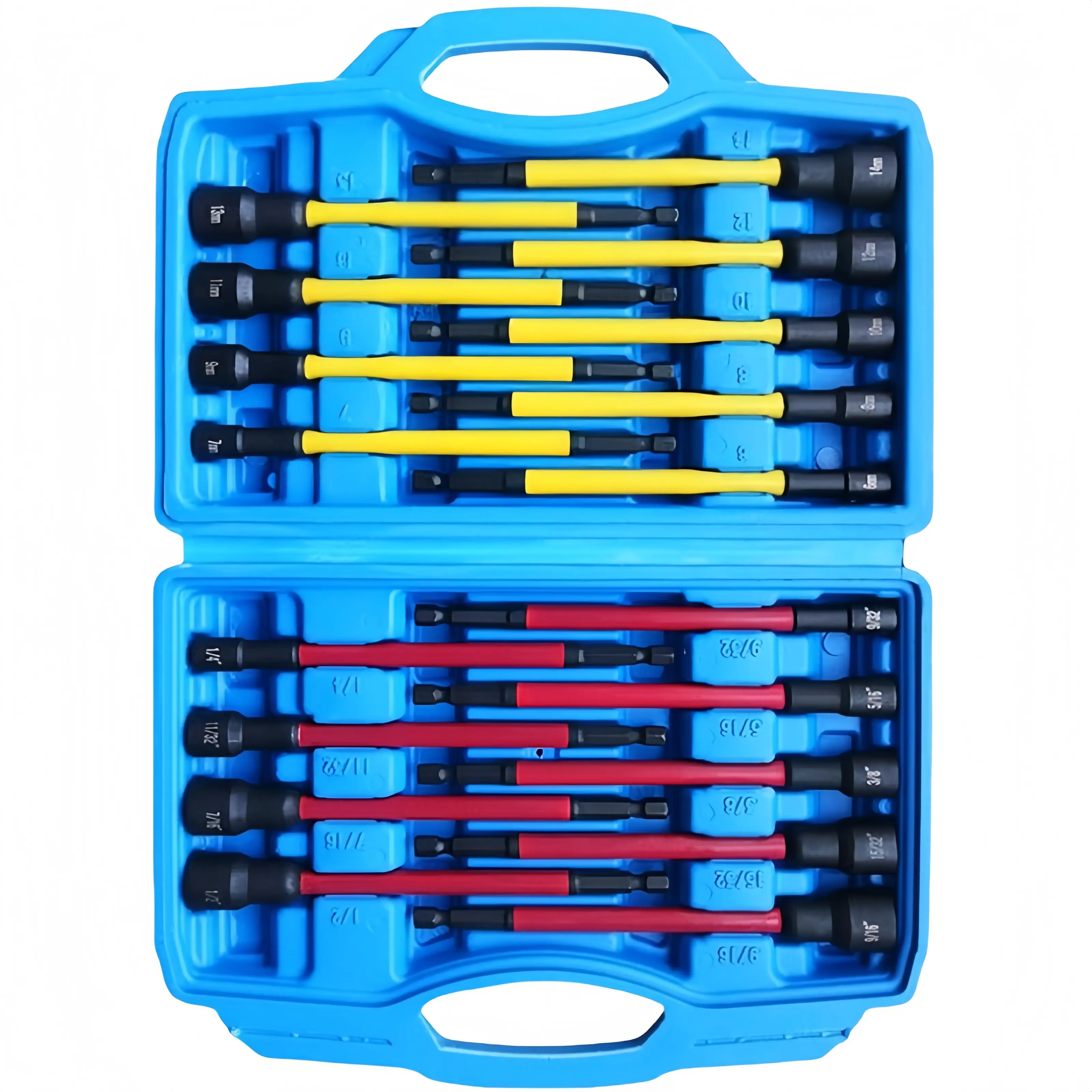 18Pcs Long Magnetic Nut Driver Bit Set - Metric & SAE Color-Coded Sizes, 1/4 Hex Shank Socket Drill Bits Kit with Storage Case for Impact Wrench, Auto Repair