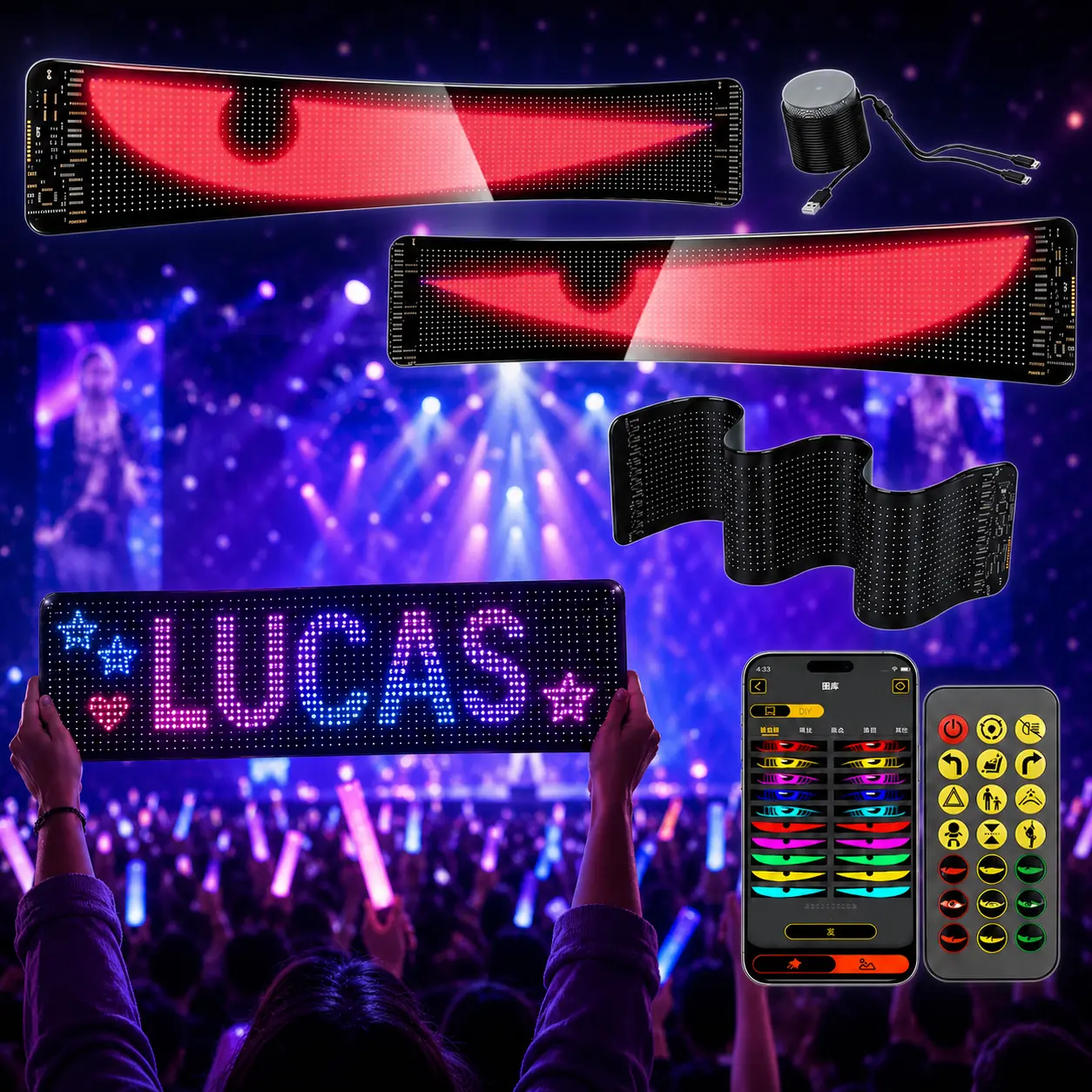 Quplavo DIY LED Flexible Sign w/ APP Control - 5V USB Programmable LED Board. Custom RGB Text & Emojis for Concerts & Parties. 1-Pack & 2-Pack Options. Soft panel, lightweight, portable, music sync mode. Perfect fan gear for live shows & festivals.