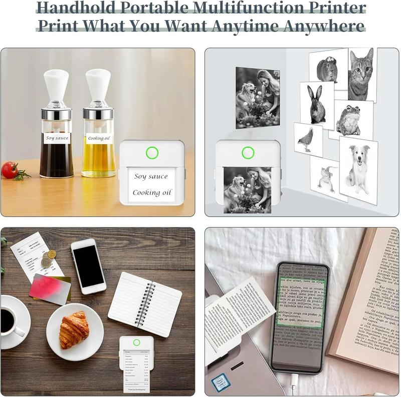 Mini Printer Portable Perfect Gift Wireless Sticker Printer for iPhone  1 Count USB Rechargeable Bluetooth-compatible Thermal Printer with 5 Rolls Paper, Compatible with iOS & Android, Office Supplies