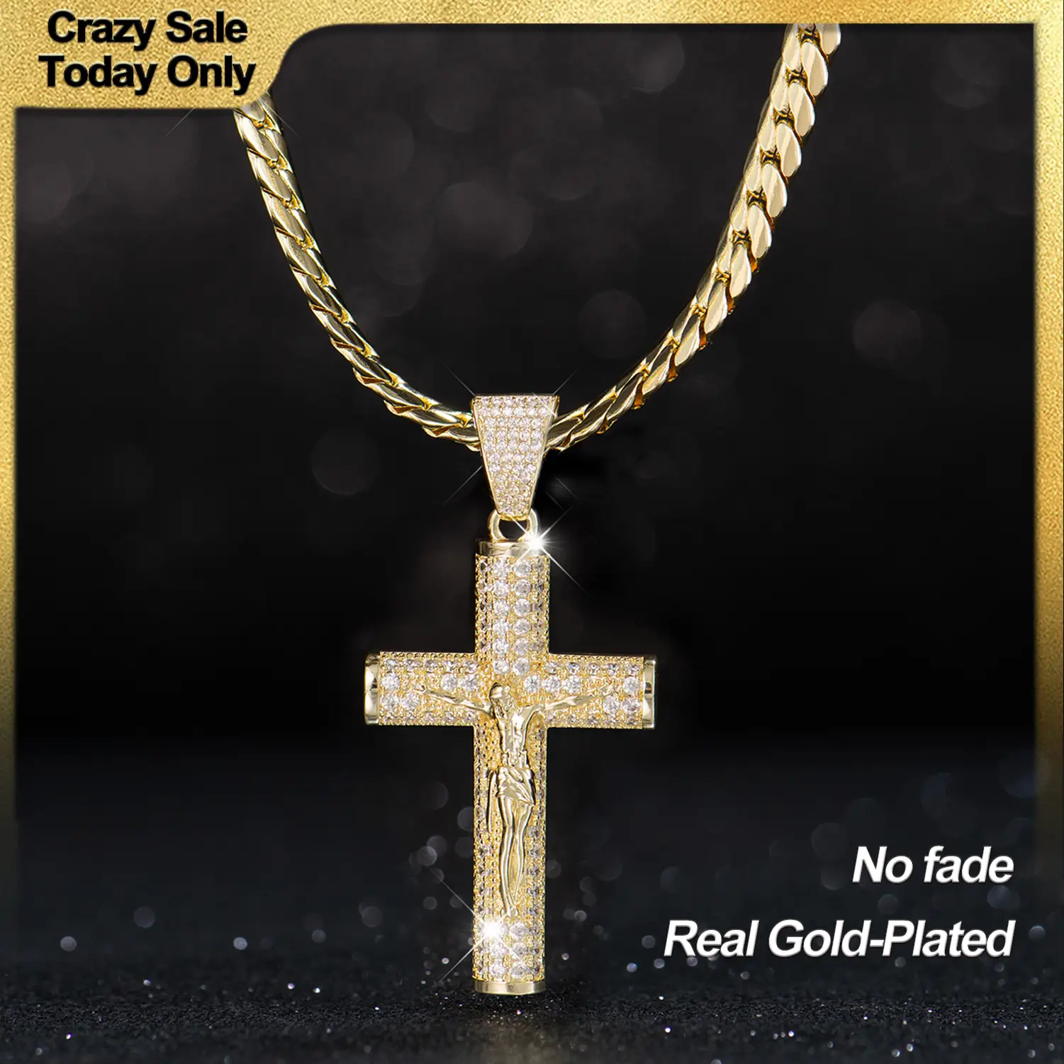 Holylegend 14K Real Gold-Plated Cross Necklace for Men, Advanced Nanotech Tarnish-Free Miami Cuban Figaro Rope Chains with Jesus Crucifix Pendant, 24”