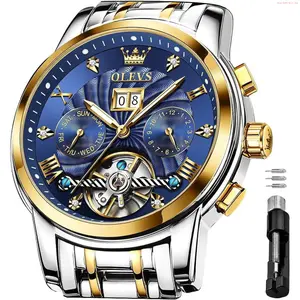 OLEVS Watch OLEVS Watch for Men Automatic Skeleton Tourbillon Mechanical Self Winding Business Luxury Dual Calendar Stainless Steel Luminous Waterproof Man Wrist Watches Blue Dial