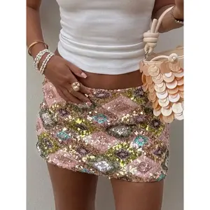 Women’s ethnic colorblock sequin skirt with a rhombus pattern; casual streetwear skirt; low-waist sexy bodycon short holiday dress; fashionable and stylish