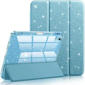 Case for iPad (a16) 11th gen & iPad 10th Generation with Pencil Holder, PU Leather Glitter Slim Smart Cover, Smooth Sparkly Shiny Crystal Clear Back Shell, Trifold Stand Support Auto Wake Tablet Computer protective Casing, kid girl cute Sky Blue