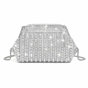 Rhinestone Beaded Evening Bag for Women – Silver Clutch with Chain Strap, Elegant Party, Wedding, Formal Event, Work, Travel, or Gift Handbag