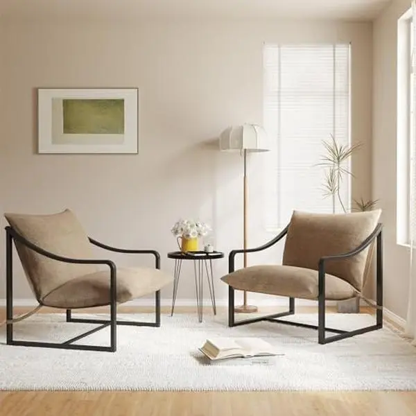 【GARVEE】Mid-Century Modern Sling Accent Chairs Set of 2 with Comfortable Fabric Cushions, Heavy Duty Metal Frame, Suitable for Living Room or Bedroom, Easy Assembly, Available in Beige and Grey