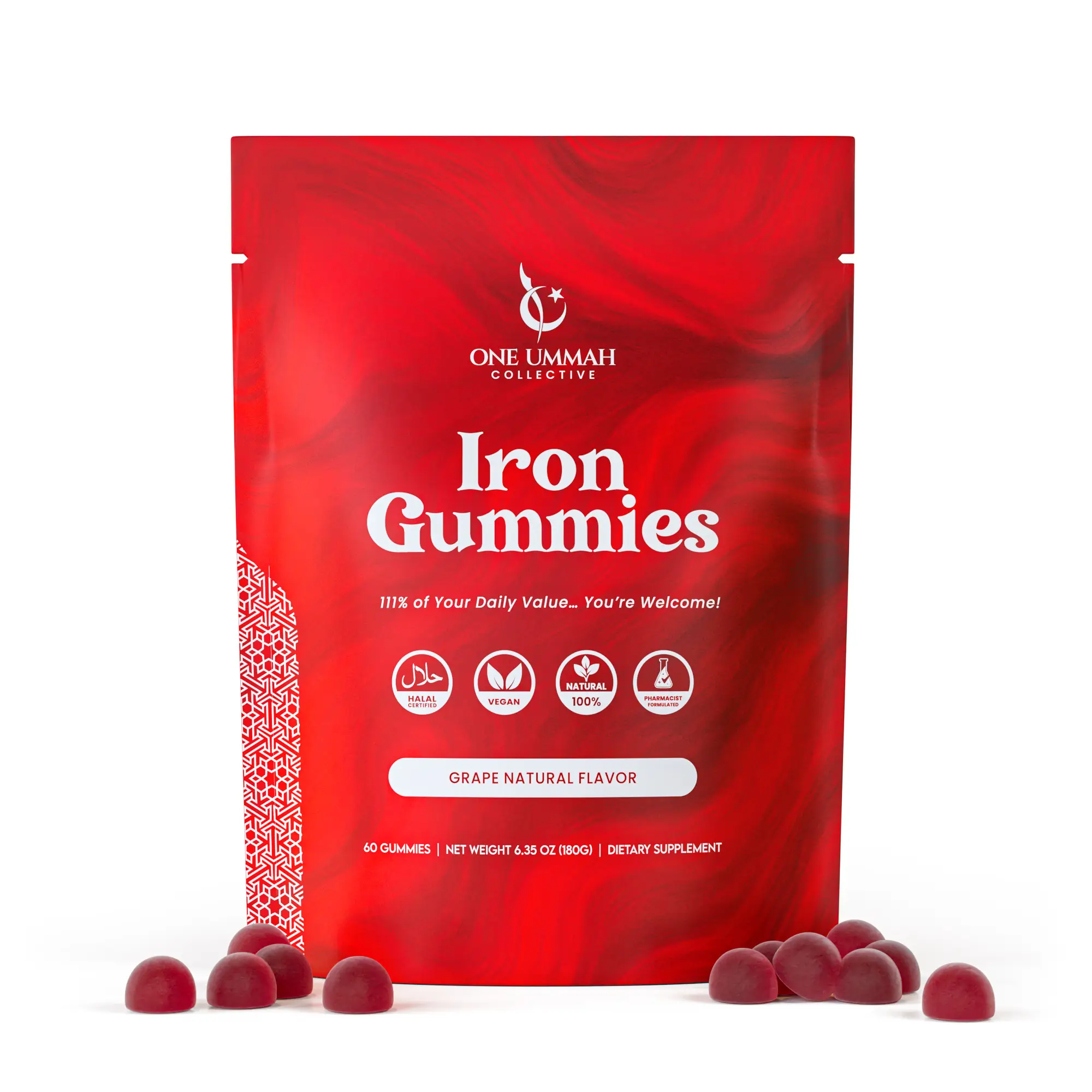 Halal Certified Iron Gummies - Vegan Iron 20mg Gummy Supplement with Vitamin C - Non-Constipation, High Absorption, & Accurate Dosing - 60 Count, Tast
