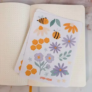 Floral Bee Sticker Sheet for Journaling, Scrapbooking