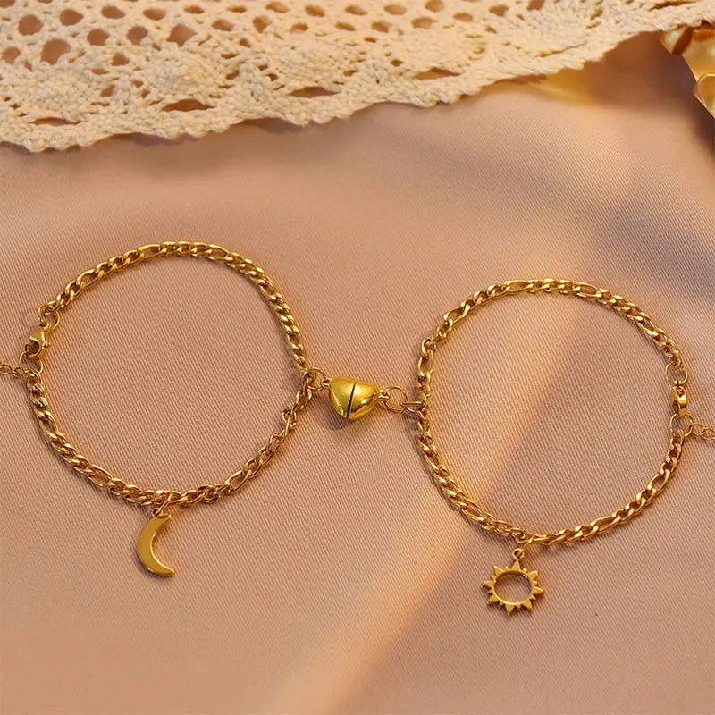 Retro Stainless Steel Sun & Moon Heart-shaped Magnetic Buckle Suction Pendant Couple Bracelet Best Friend Bracelet