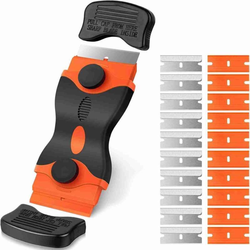 Razor Blade Scraper Tool(2Pcs),With Extra 10pcs PlasticBlades And 10pcs Metal Blades, 2-in-1 Scraper Tool CleaningRazor Scraper For Decals, Stickers, Labels, Caulk, Adhesive,Paint, Cooktop