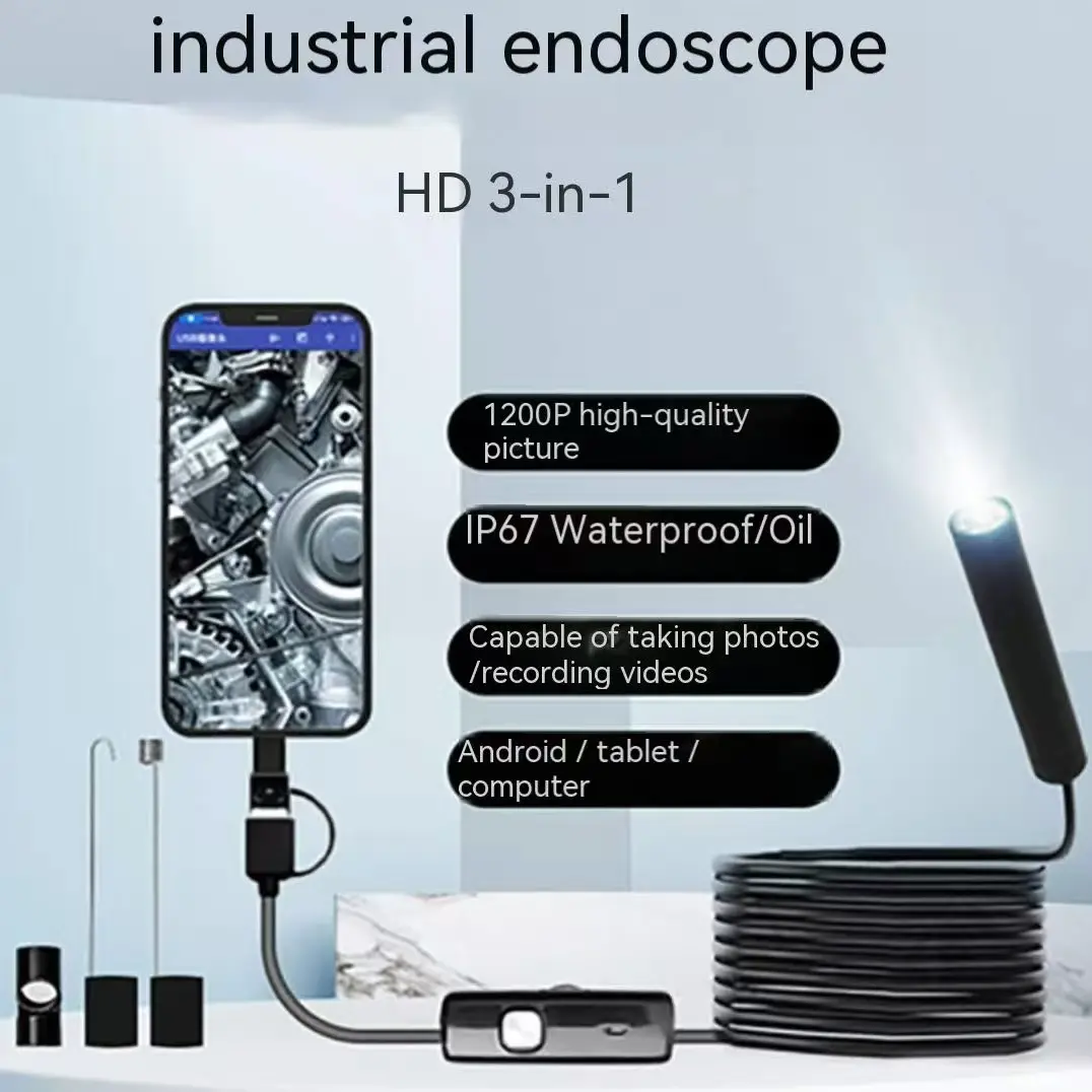 3-in-1 HD Pipeline Endoscope Diagnostic Tool for Android Mobile Phones, Automotive Maintenance, Industrial Inspection