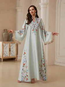 Middle Eastern Ramadan Eid Abaya, Light Floral Print Fringe Long Dress, Dubai Style Soft Boho Kuffiyya, All-Season Loose Fit, Floral Embellished Abaya, Abayas For Eid