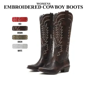CYNLLIO Womens Embroidered Cowboy Knee High Boots Pointed Toe Chunky Block Heel Pull On Half Side Zipper Comfy Fashionable Concert Party Outing Holiday Dress Spring Summer Western Cowgirl Boot