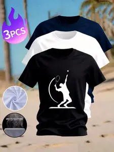 3 Pack Men's Casual T-Shirts, Tennis Player Serve Silhouette Graphic Print Crew Neck Short Sleeve Tees, Breathable Soft Cotton Blend Tops for Sports, Daily Wear, Summer