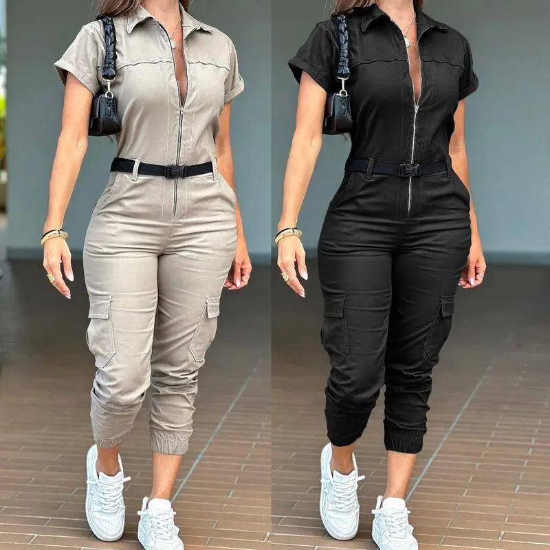 New Women's Fashion Zipper Jumpsuit Short Sleeve Lapel Multi-Pocket Belt Jumpsuit