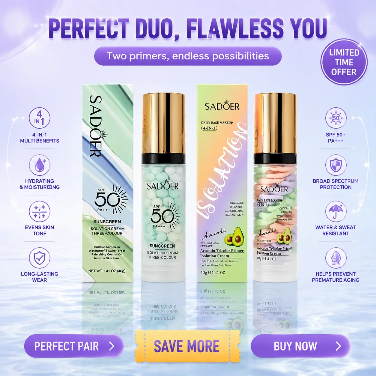 3-in-1 Color Correcting Facial Serum - Makeup Base Primer with SPF 50 PA++, Moisturizing, Brightening, Oil-Control, Refreshing, Even Skin Tone, Purple/Pink/Green Tones, Travel Essential
