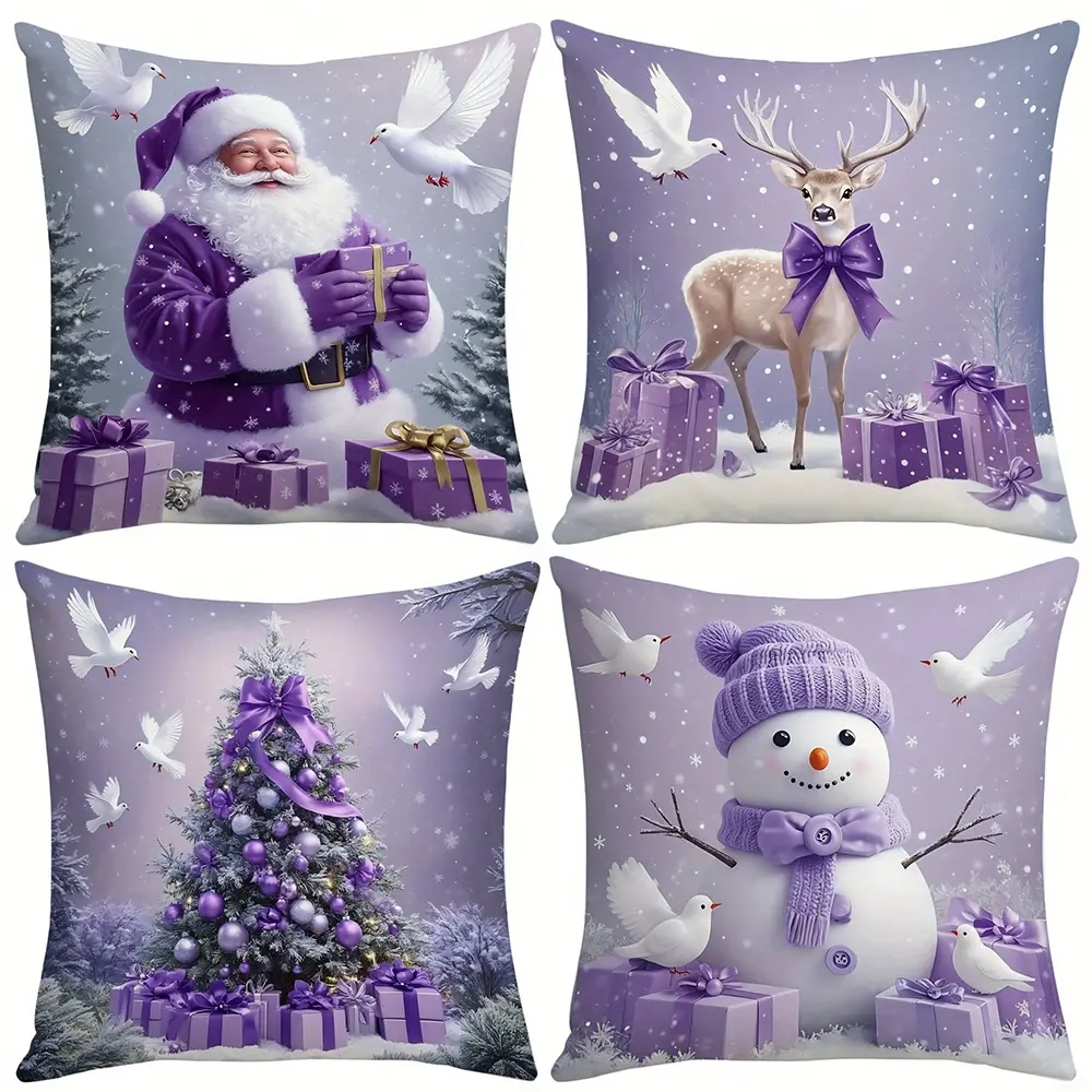 4pcs, Festive Christmas Purple Theme Throw Pillow Covers, Santa, Snowman, Christmas Tree & Deer with Purple Accents, Cushion Covers for Living Room Sofa & Bedroom Decor, Christmas Home Decor, Single Sided Printing, No Pillow Core