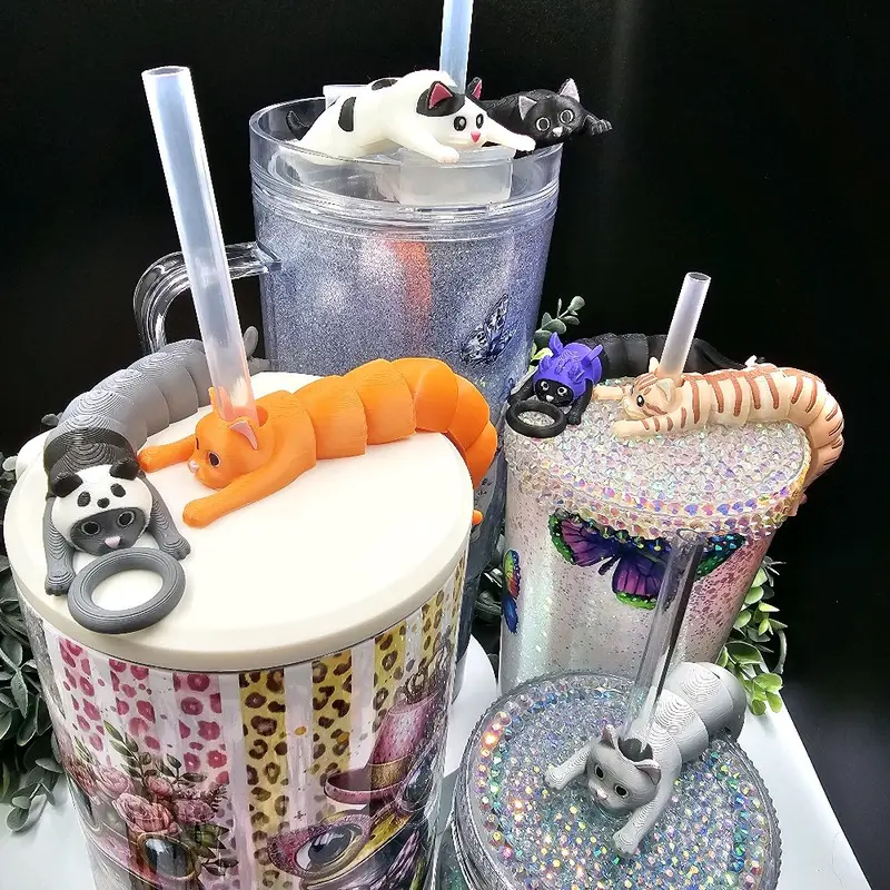 Lazy Cat Straw buddy 3D printed for most 16-40oz tumbler size straws Stylish Drinkware accessory Mug Bottles Cup