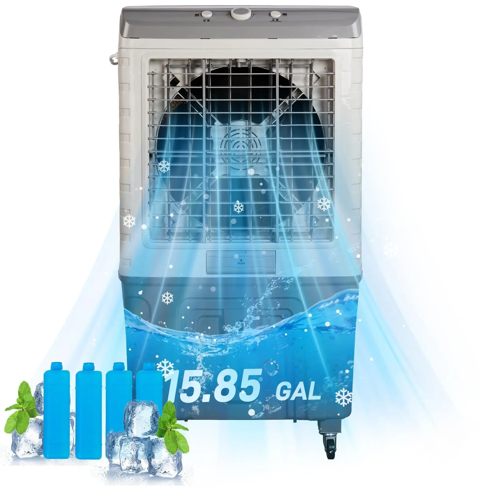 【Summervibes】3 in 1 Portable Evaporative Cooler,707L,Indoor,Outdoor,3065 CFM Personal Air Cooler,15.85 Gal Large Water Tank & Scroll Casters, 4 Ice Packs,White and Gray