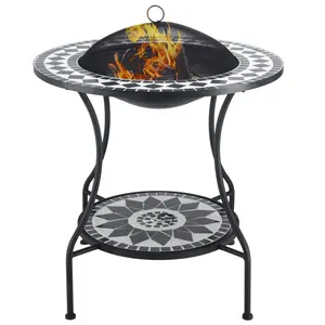Outsunny 30" Outdoor Fire Pit Dining Table, 3-in-1 Round Wood Burning Fire Pit Bowl, Patio Ice Bucket with Storage Shelf, Spark Screen Cover for BBQ, Bonfire, Camping, Mosaic