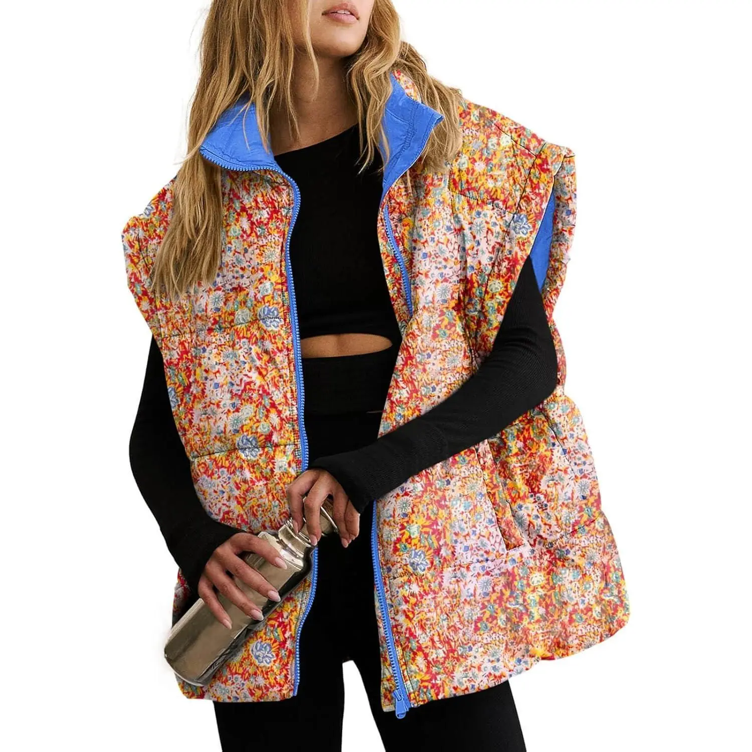 Imily Bela Womens Floral Oversized Puffer Vest Cap Sleeve Winter Warm Puffy lightweight Jackets Coat