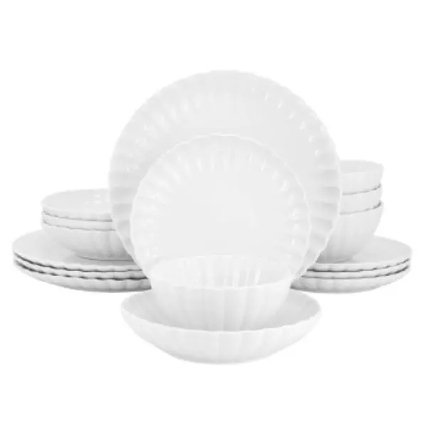 Elama ELM-JANE16 Jane Round Scalloped Double Bowl Porcelain Tableware Set, White - 16-Piece Dinnerware Set, Cutlery
