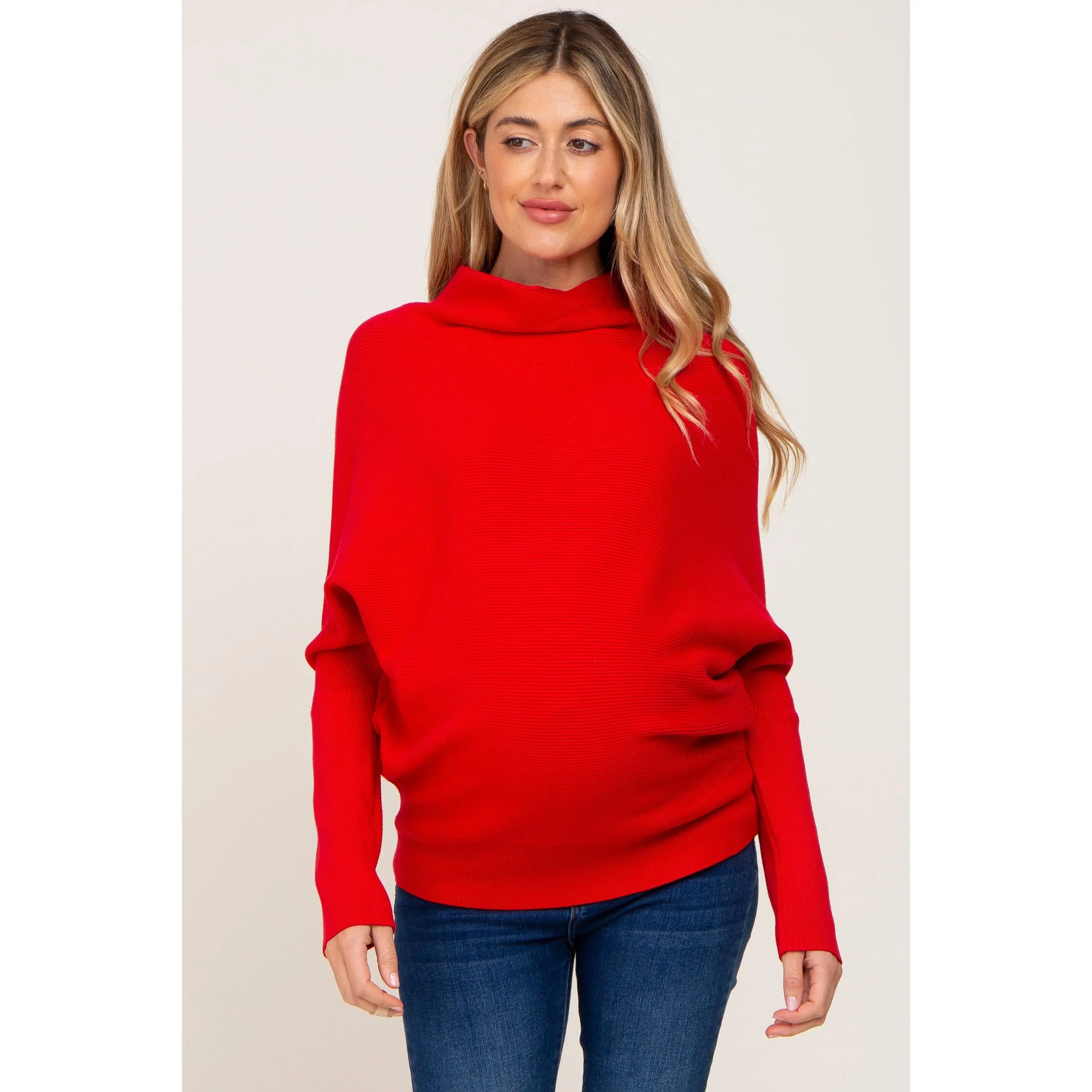 Red Funnel Neck Dolman Sleeve Maternity Sweater