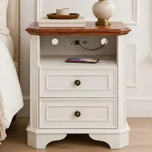 24" Tall White Nightstand with Charging Station, Modern Farmhouse Bedside Table with 2 Drawers and Open Shelf, Traditional Wood End Table with Outlets and USB Ports