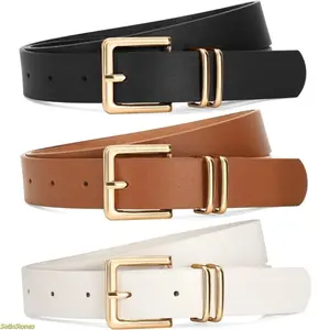 Women's 3-Pack Genuine Leather Fashion Belts - Exquisite, Trendy Versatile Gold Square Buckle, Leather Adjustable Belts for Jeans, Dresses, Fashion Belt