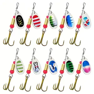 10 Piece Rotating Spoon Metal Lures, Fishing Baits with Box, Crankbait Spoons for Bass, Trout, Salmon, Composite Fishing Gear