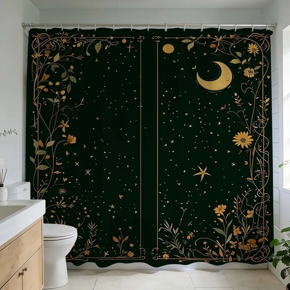1 Pc mystical floral moon design Print Decorative shower curtain for bathroom decoration black and gold star patterns ideal for Traditional and modern bathroom renovation unique bathroom design