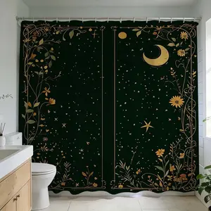 1 Pc mystical floral moon design Print shower curtain for elegant bathroom decoration stylish black and gold star patterns ideal for modern bathroom renovation creating a luxurious atmosphere unique bathroom design suitable for home aesthetic upgrade