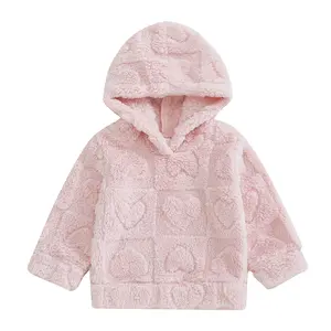 Kids Girl Plush Hooded Sweatshirt Cute Heart Pattern Long Sleeve Winter Warm Casual Hoodie