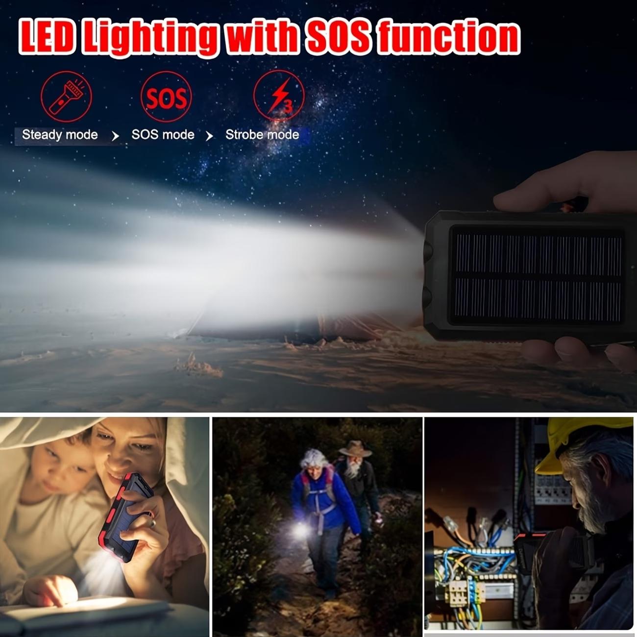 Portable Solar Phone Charger, Camping External Battery Charger for Mobile Phones, with 2 USB Ports and LED Flashlight (with Compass), Ideal for Outdoor Activities, 10000/20000 mAh Solar Power Bank