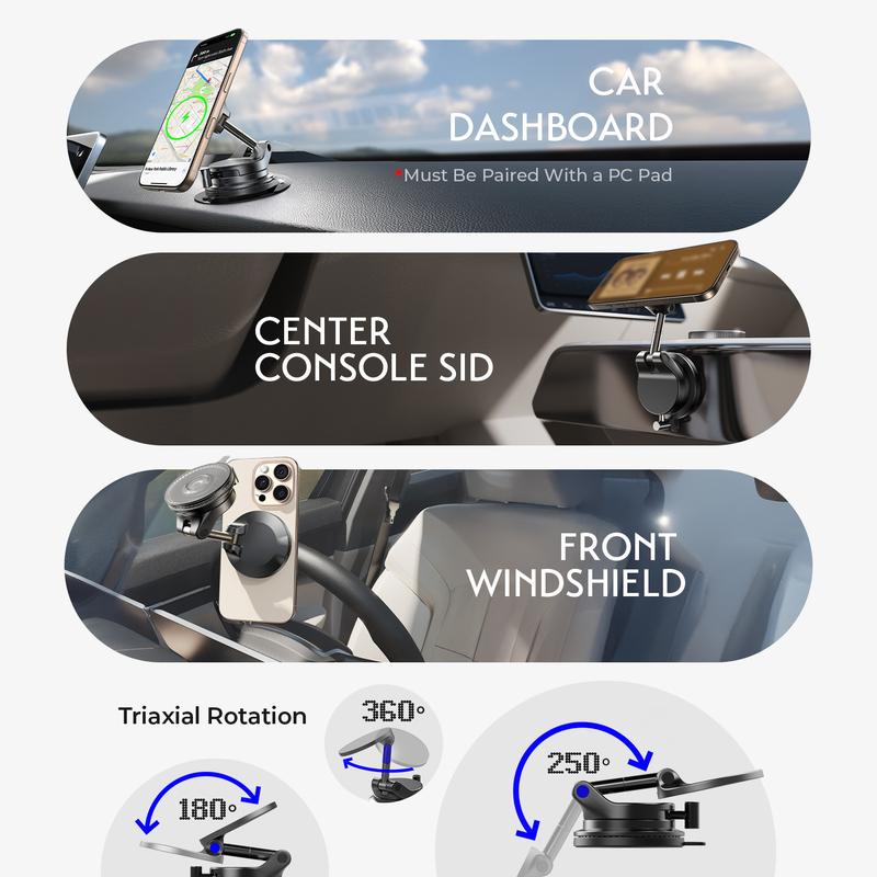 LISEN 15W Magsafe Car Mount Charger，[Lever Lock] Suction Cup Phone Mount,360° Vacuum Magnetic Car Phone Holder Charger Wireless for iPhone 17 Pro Max Air 16-12,Pixel 10,Samsung with MagSafe Case